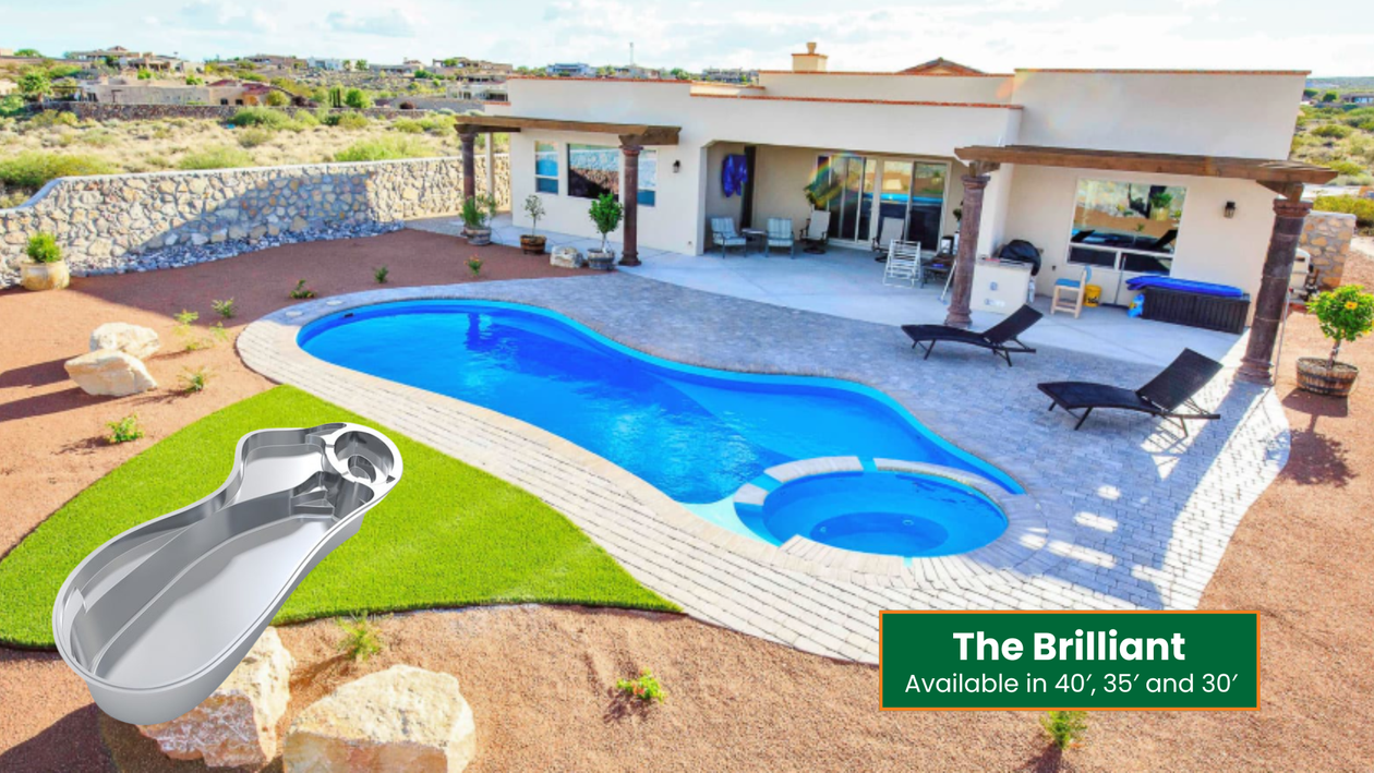 Backyard patio with a blue swimming pool, lounge chairs, and desert landscaping at a home