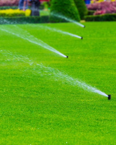 Sprinklers watering a bright green lawn in a landscaped garden