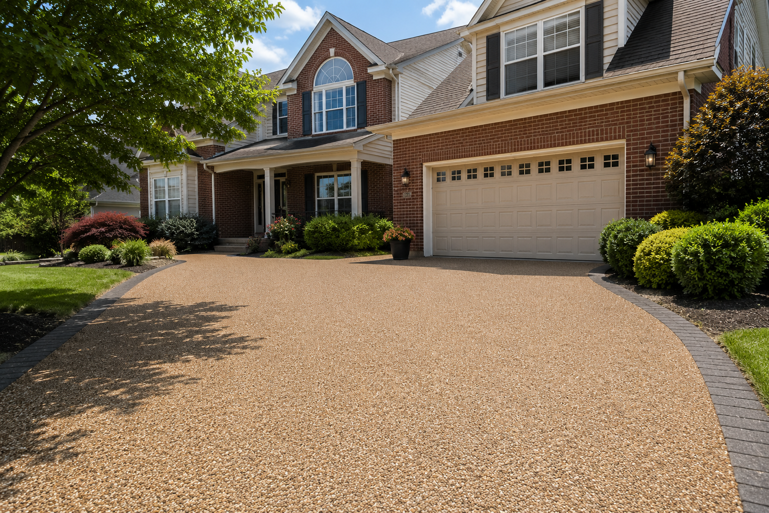 Brick suburban house with a tan gravel driveway, garage, and landscaped front yard