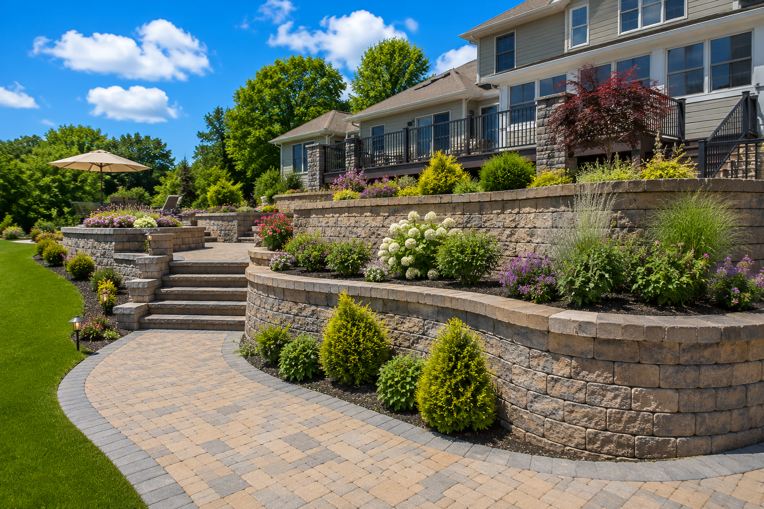 Landscaped backyard with stone steps, curved patio, flowering shrubs, and a house under a blue sky