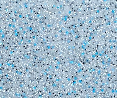 Light gray glittery textured surface with scattered blue and white specks