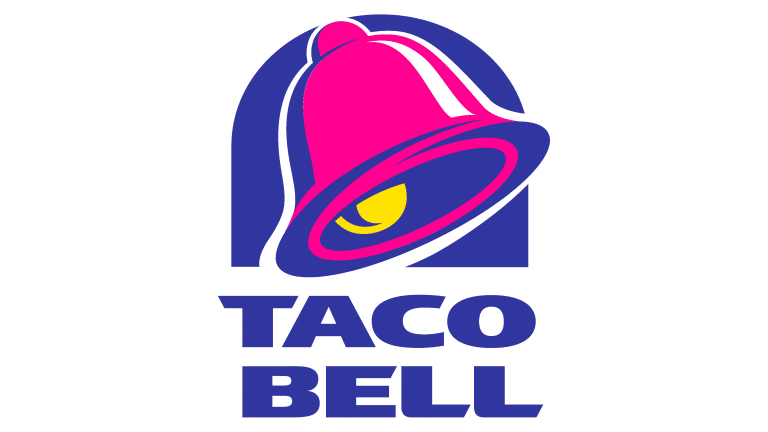 Taco Bell logo with a pink-and-purple bell icon and blue text on a white background