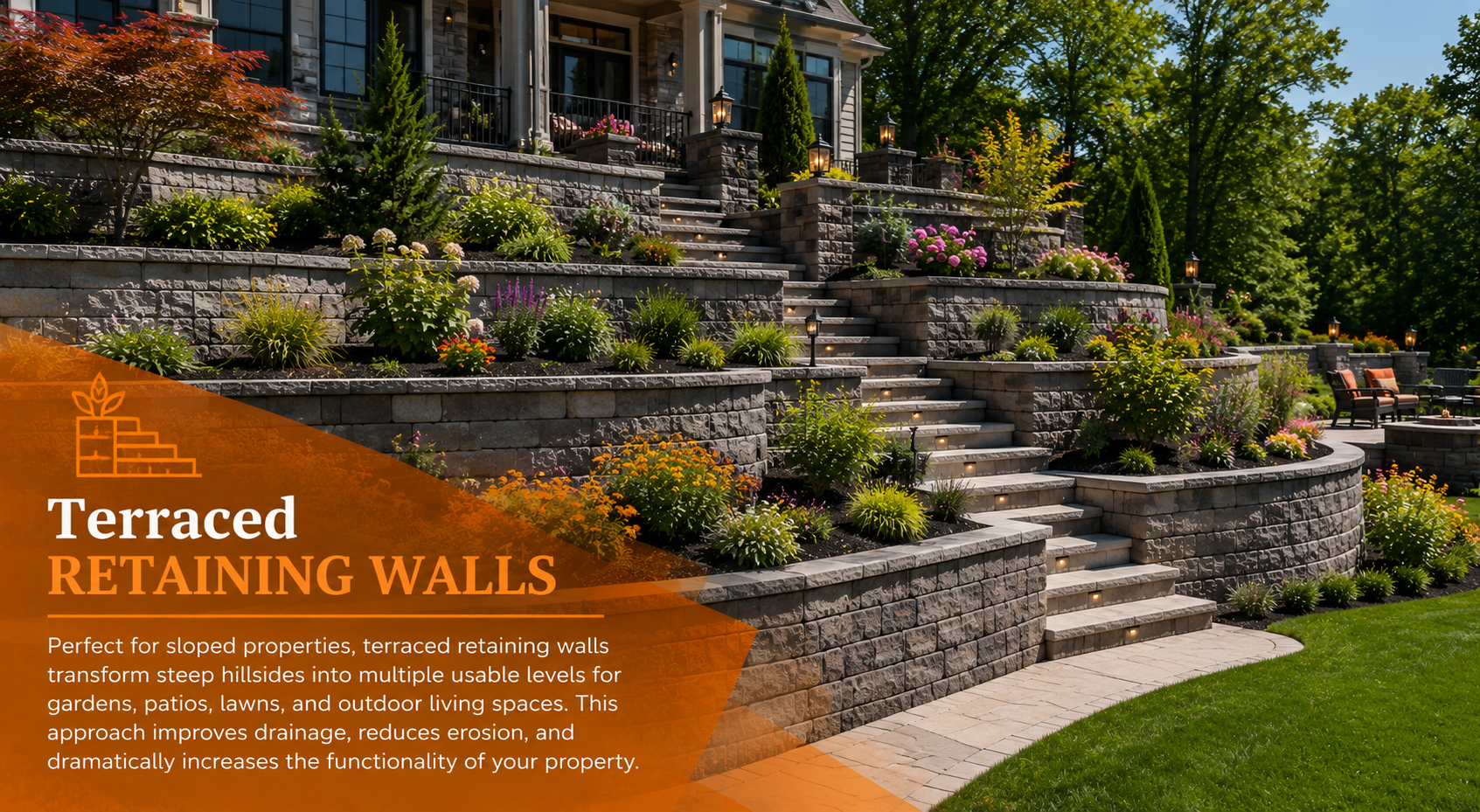 Terraced retaining walls with stone steps and lush garden landscaping beside a home