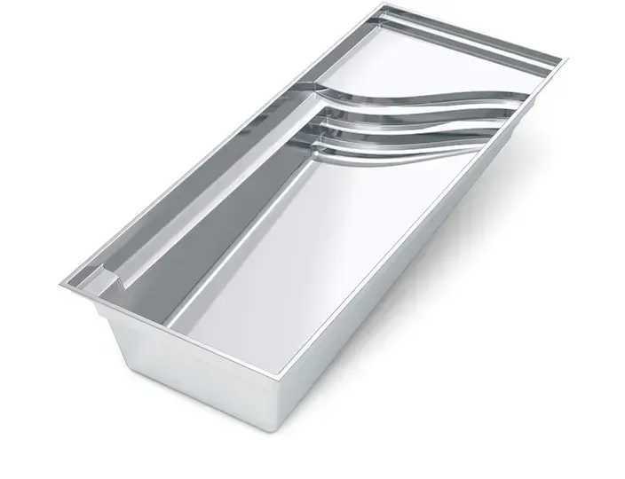 Stainless steel tray with curved grooves and a slanted drain channel