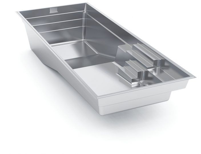 Silver metal boat hull in a white studio, shown in cutaway with internal compartments exposed