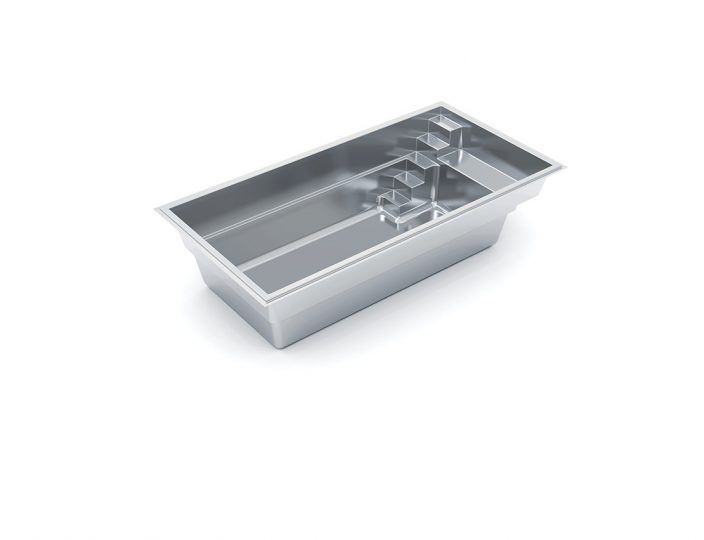 Silver rectangular food pan with divided compartments on a white background