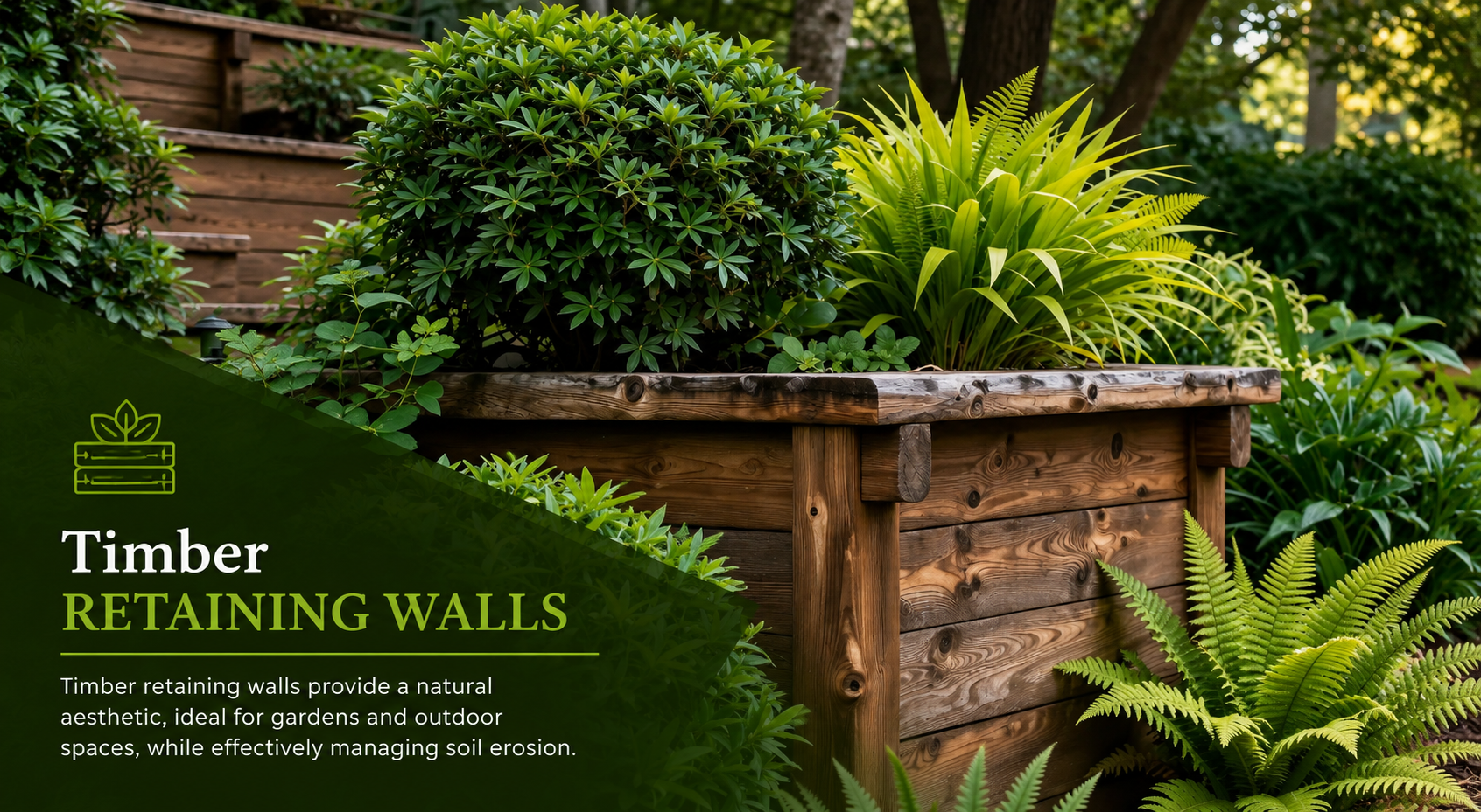 Wooden planter box with lush green shrubs and ferns in a garden setting