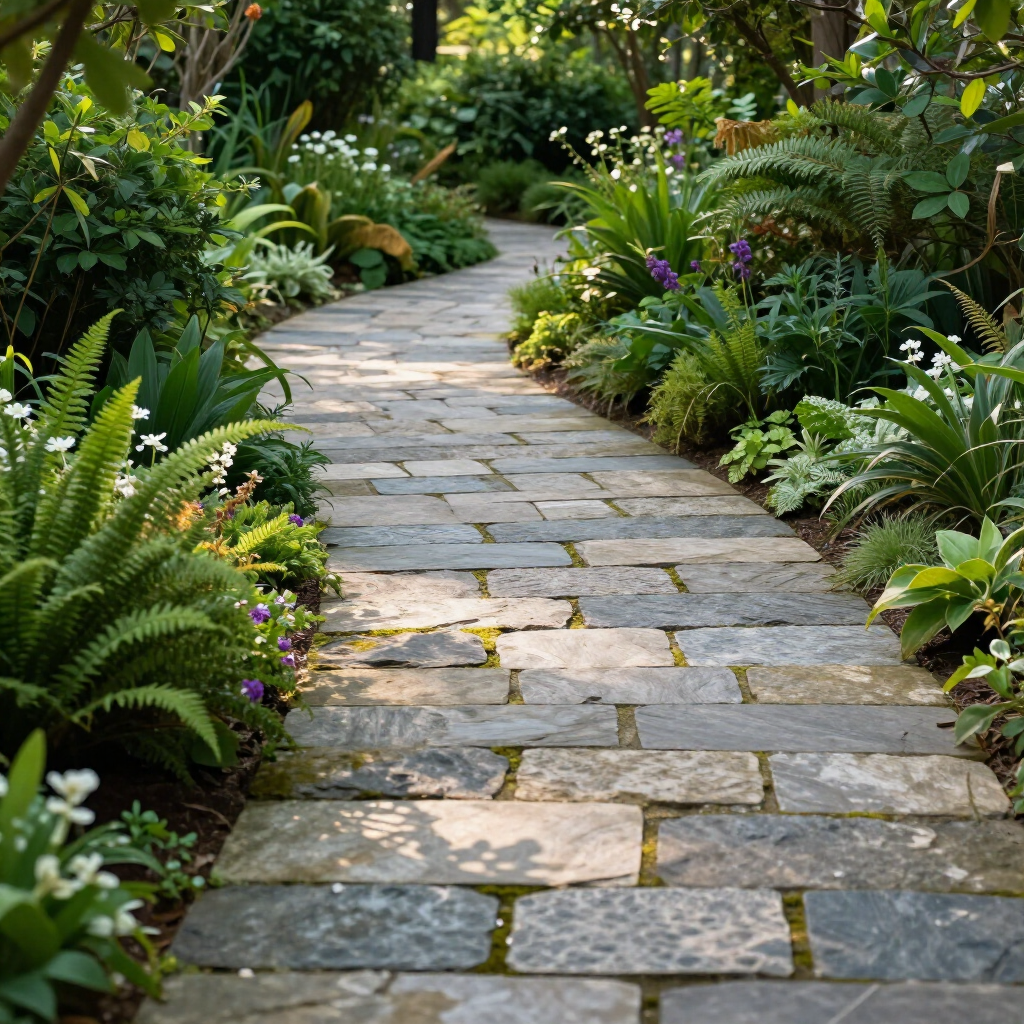 Stone garden path winding through lush green tropical plants and ferns
