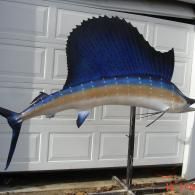 A large, mounted sailfish replica with a deep blue dorsal fin and silver body, displayed on a stand in front of a garage.