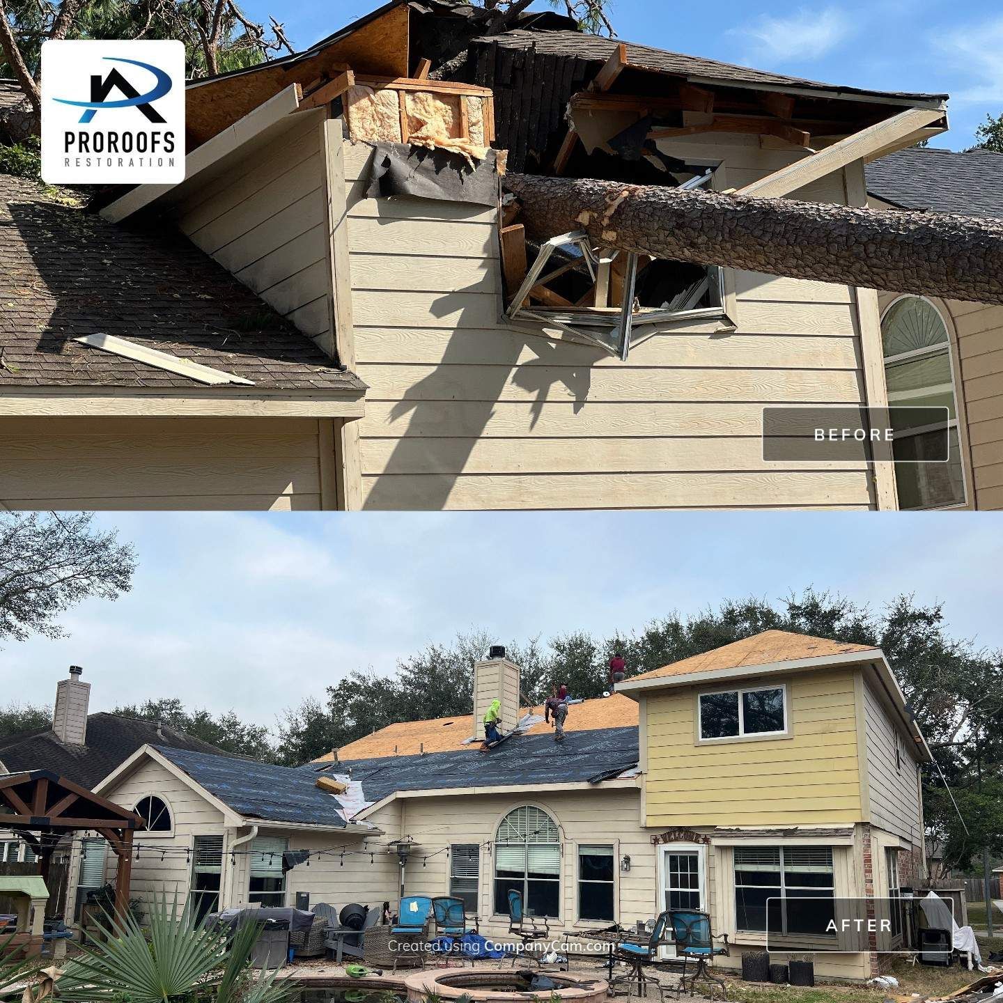 Top: House damaged by tree. Bottom: Workers repairing roof.