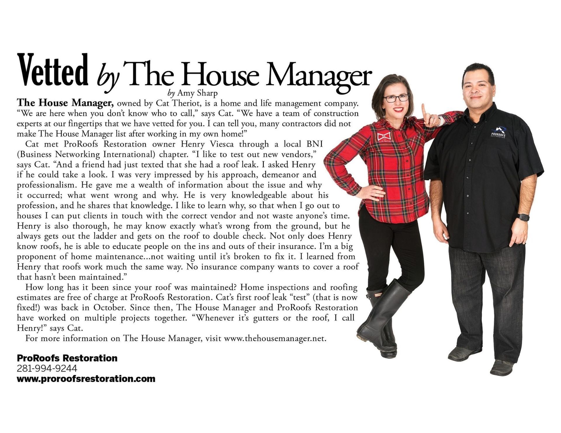 Two people in casual attire; woman with thumb up, man smiling. Text about a house management company.