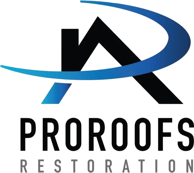 Black roof with blue arc, the word PROOFS above RESTORATION in gray.
