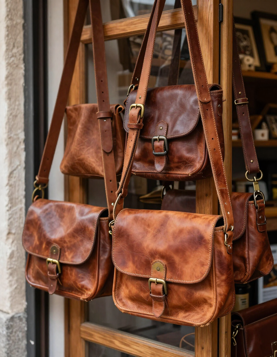 Bolsos de cuero colgados en una tienda, en su mayoría marrones y con hebillas