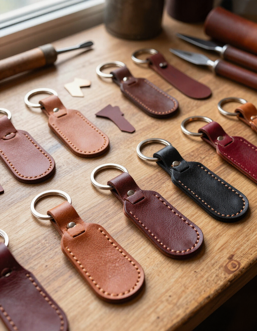Llaveros de cuero variados sobre una mesa de madera, en tonos tostados, marrones, burdeos y negros.