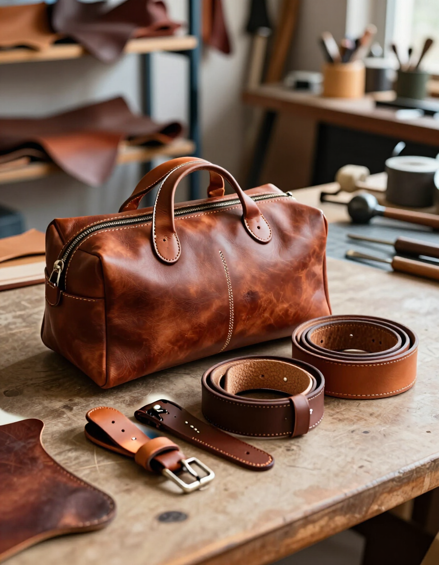 Bolso de viaje de cuero, cinturones a juego y cartera sobre una mesa de trabajo en un taller de marroquinería