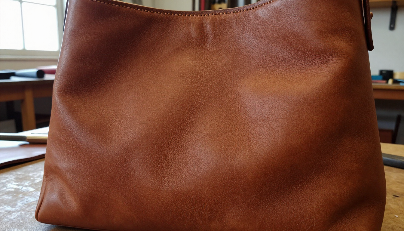 Bolso de cuero marrón sobre una mesa, con libros al fondo