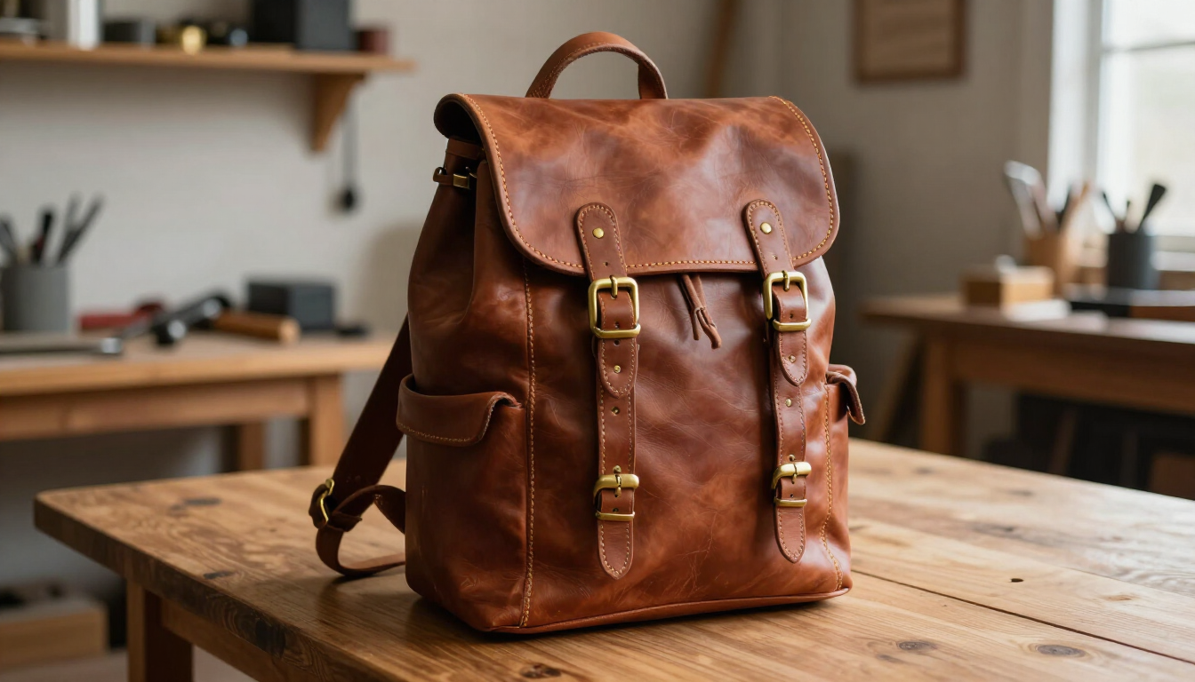 Mochila de cuero marrón sobre una mesa de madera en un acogedor taller.