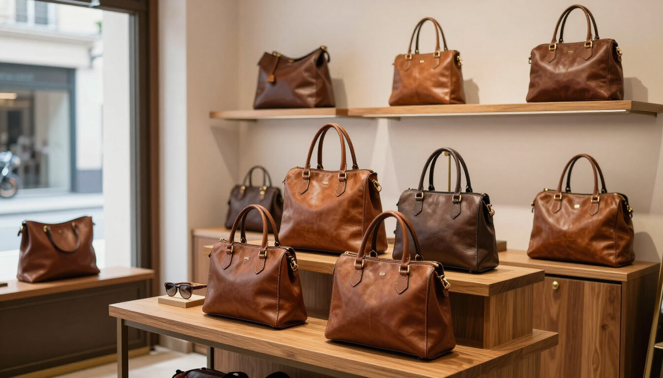 Bolsos de piel expuestos en estantes de madera en el escaparate de una boutique