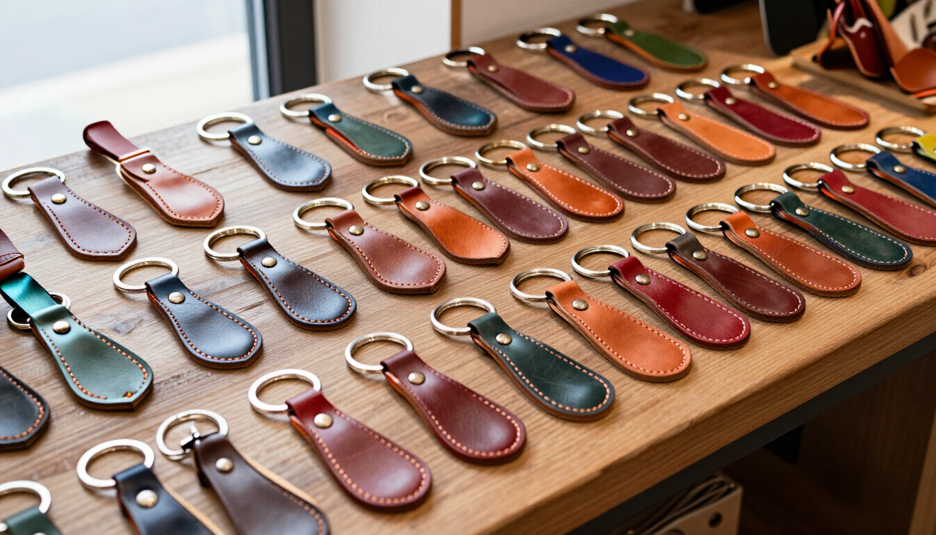Llavero de cuero de colores dispuestos en filas sobre una mesa de madera.