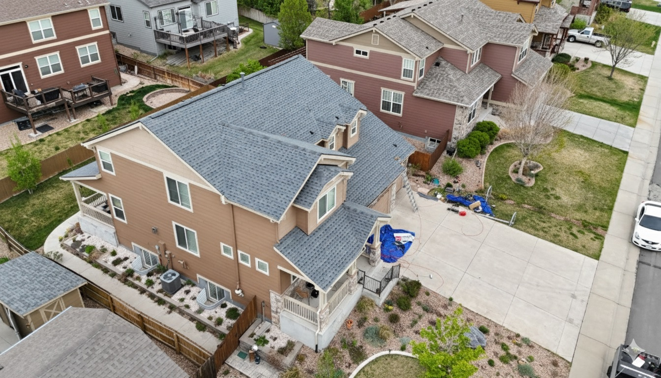 An aerial view of a house with a van parked in front of it.