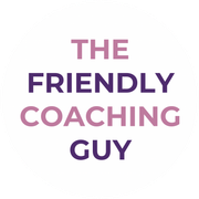 Text logo reading “THE FRIENDLY COACHING GUY” in pink and purple on a white background