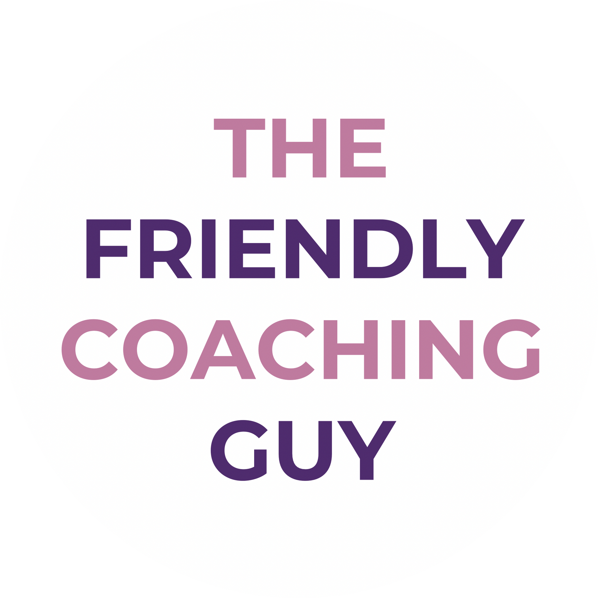 Text logo reading “THE FRIENDLY COACHING GUY” in pink and purple on a white background