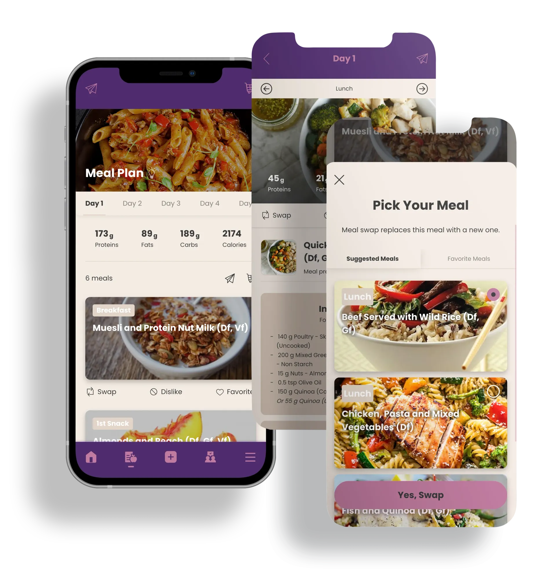 Three purple meal-planning app screens with food photos and a “Pick Your Meal” menu view.