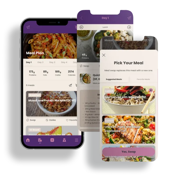Three purple meal-planning app screens with food photos and a “Pick Your Meal” menu view.