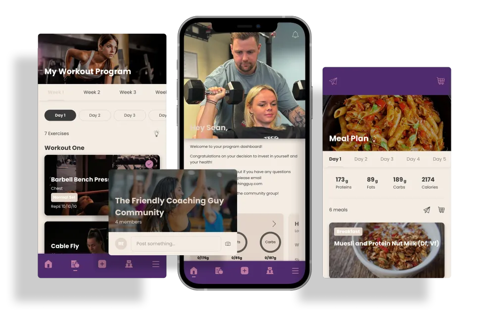 Collage of a purple-themed food app on mobile screens showing recipes, meal photos, and search/results views