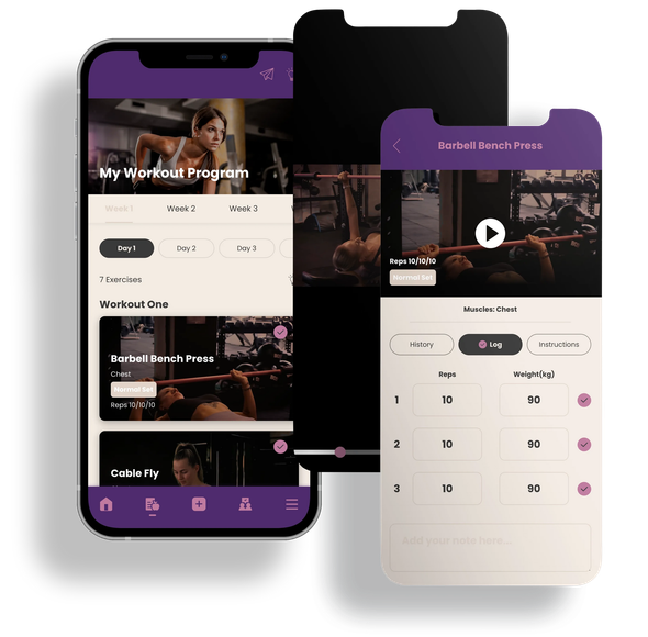 Fitness app mockups in purple and black, showing workout program and exercise scheduling screens.