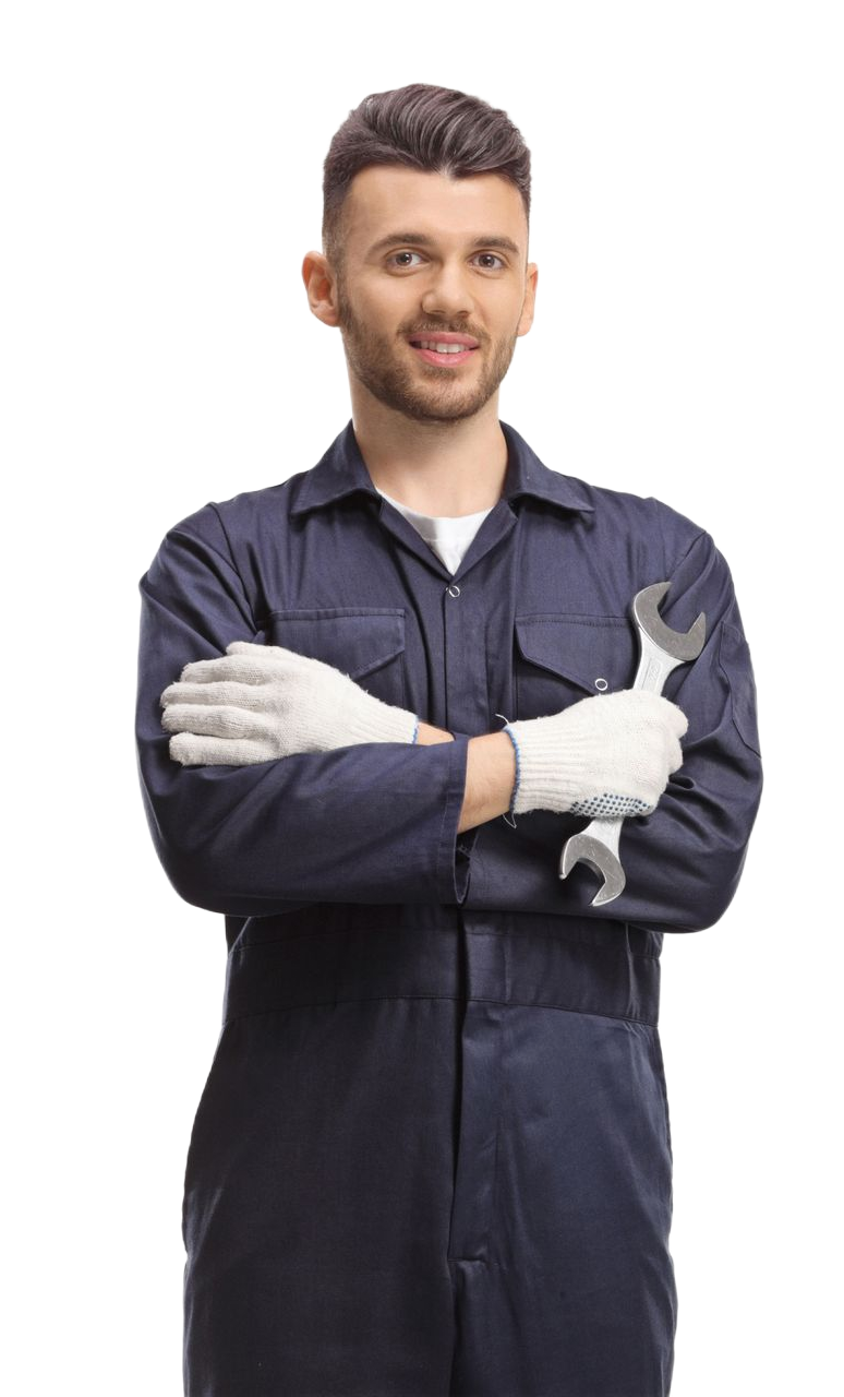 A smiling person wearing navy blue coveralls and white gloves, arms crossed while holding a wrench, on a white background.