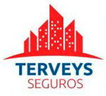 Logotipo da Terveys Seguros com horizonte urbano vermelho e texto azul e vermelho sobre fundo branco.