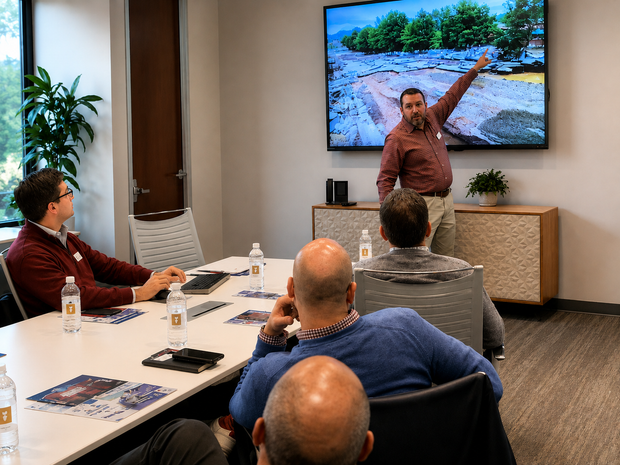 Presenter pointing at wall-mounted screen during office meeting with seated attendees