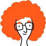 Cara de dibujos animados con pelo rizado de color naranja brillante, gafas negras y una pequeña sonrisa.