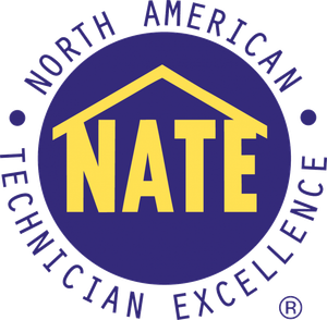 NATE logo in purple and gold with “North American Technician Excellence” around a house roof icon