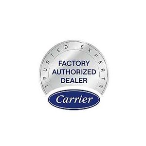 Carrier Factory Authorized Dealer badge with blue and silver logo and “Trusted Expert” text
