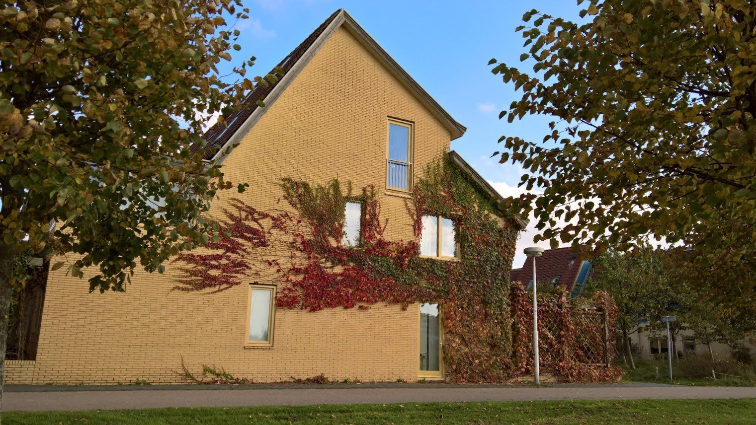 Geel huis met rode en groene klimplanten, bomen in herfstkleuren, lucht op de achtergrond.