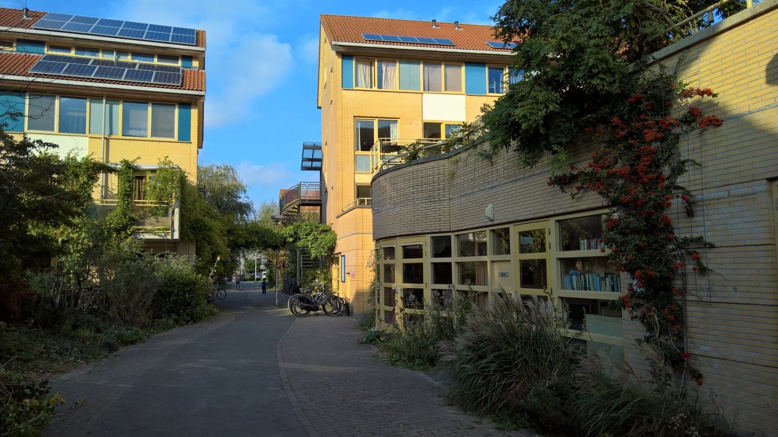 Gele woningen met zonnepanelen, een bakstenen pad en groen op een zonnige dag.