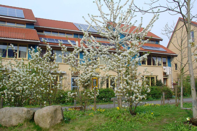 Woningen met zonnepanelen op het dak en bloeiende bomen ervoor.