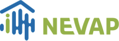 Het logo van NEVAP, met links een huisvormig icoon in blauw en groen, en het woord 