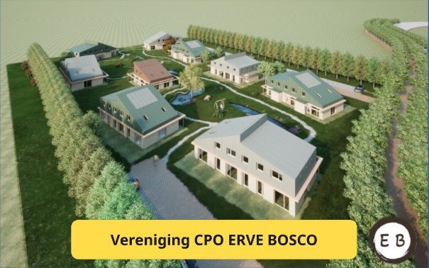 Luchtfoto van meerdere huizen met groene daken en gazons, omgeven door bomen.