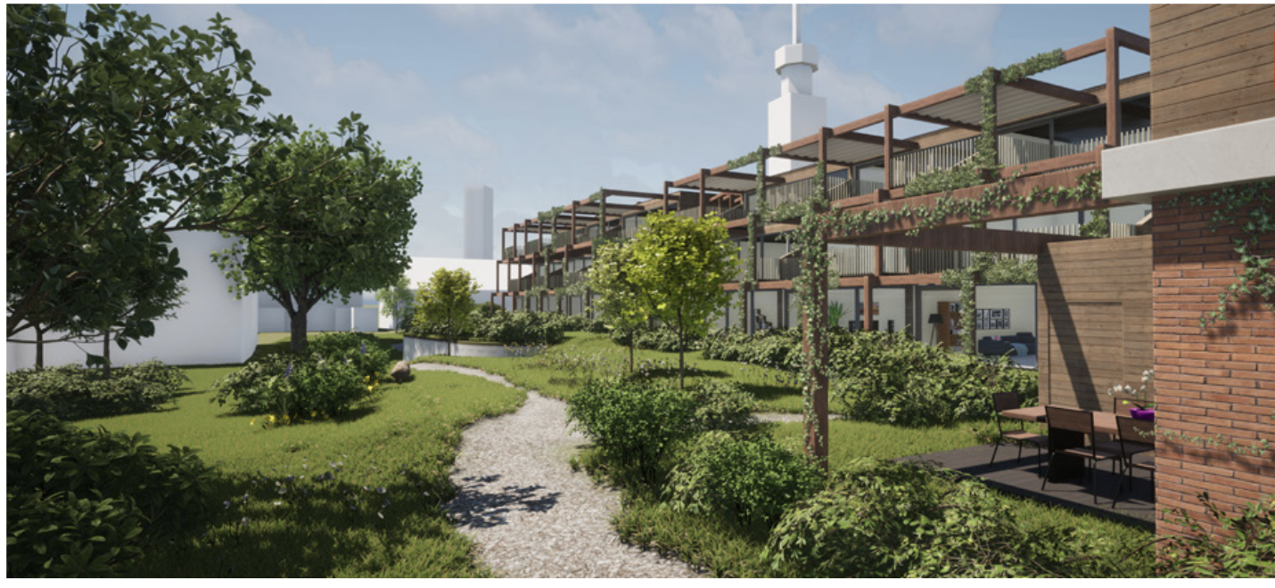 De buitenkant van woningen met groene beplanting, wandelpaden en pergola's. 