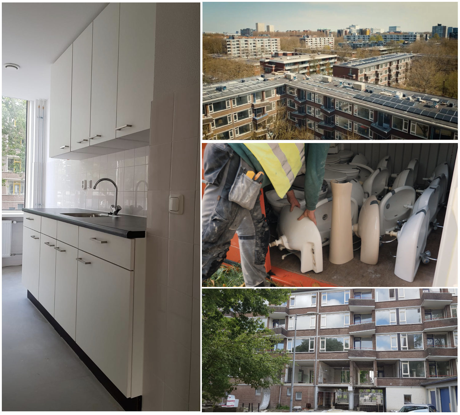 Collage: keuken met witte kasten, luchtfoto van gebouwen, arbeider met bouwafval en gebouw in renovatie.