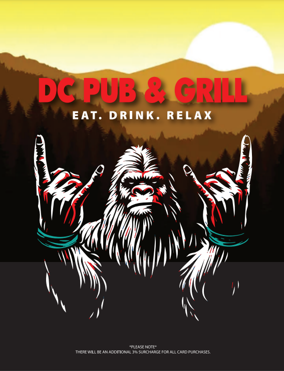 A poster for dc pub & grill shows a bigfoot giving the horns sign