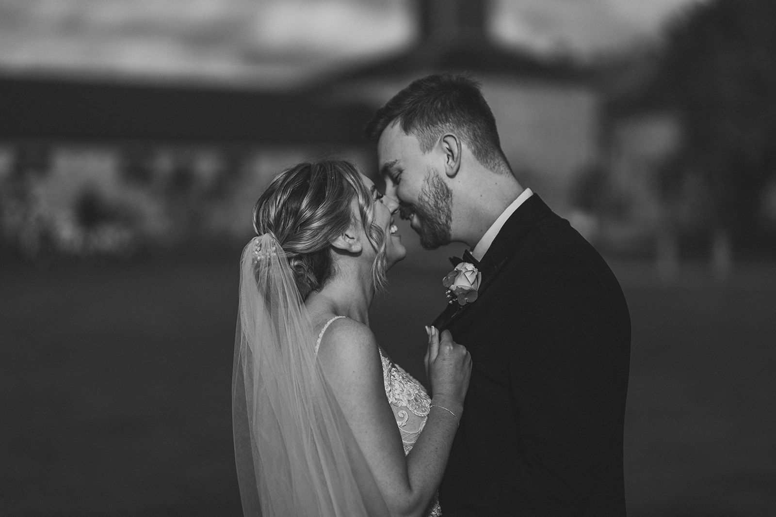 A bride and groom are kissing in a black and white photo.