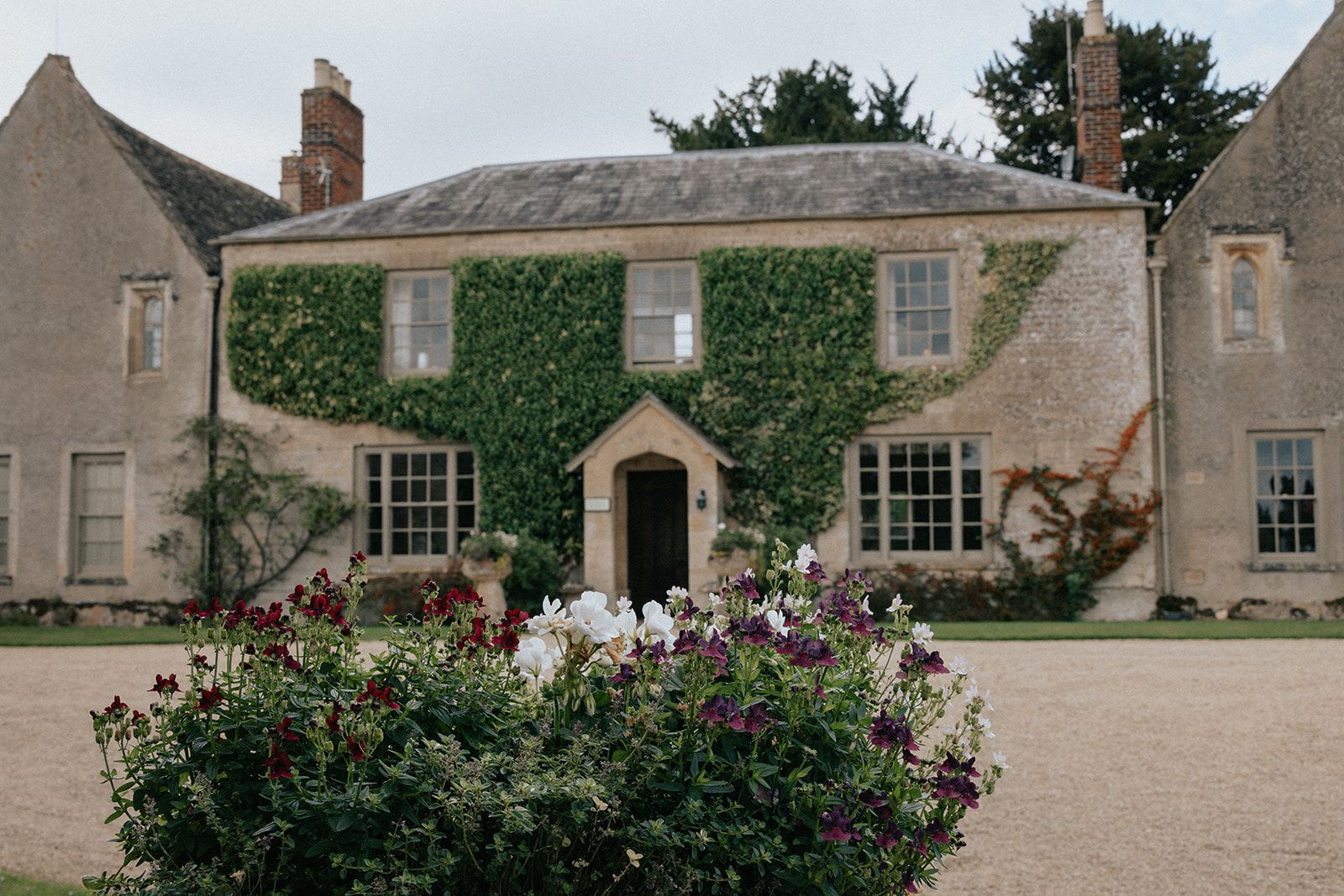 A large house with ivy on the side of it and flowers in front of it.