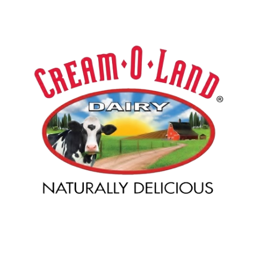 Cream-O-Land Dairy logo: cow in a landscape, with red farm buildings and the words “Naturally Delicious”.