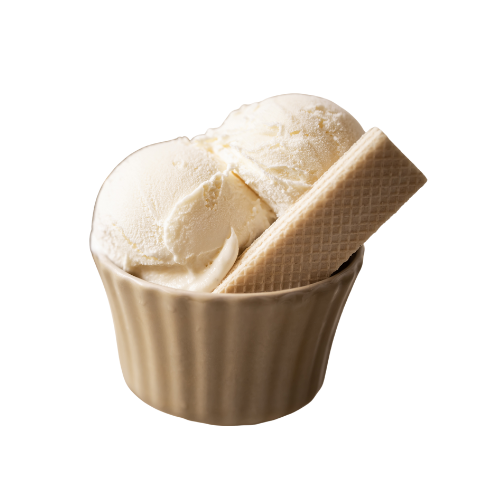 Vanilla ice cream scoops in a tan bowl with a waffle stick.