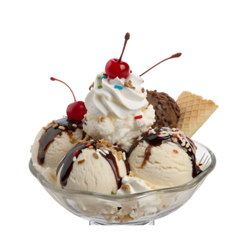 Ice cream sundae in a glass bowl with whipped cream, cherries, chocolate sauce, and a waffle.