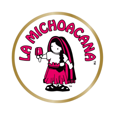 La Michoacana logo: Girl holding popsicle, pink and white, within a gold-bordered circle.